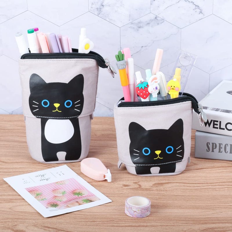 iSuperb Standing Pencil Pouch Pencil Case Cute Cat Telescopic with Zipper Canvas Kwaii Cartoon Pencil Bag Stationery Box for Kids Girls Boys School Supplies 7.5 x 4.9 x 3.0inch/4.1x 3.0inch - Image 3